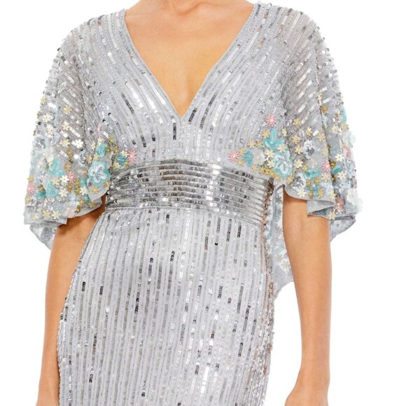 Sz 14 Mac Duggal 5221 Floral Multicolor Sequin Gown with Capelet in Platinum - Picture 3 of 12